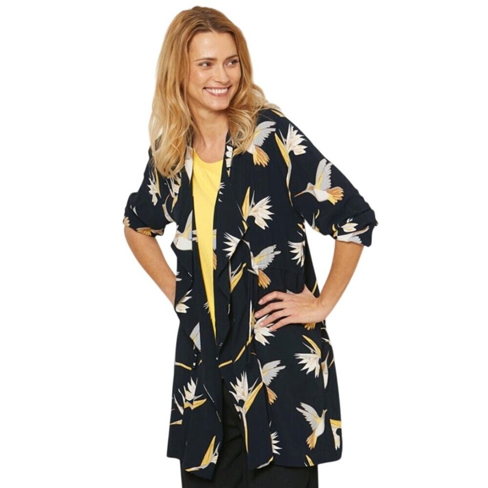 Masai Kimono tunic Crane Bird Print Viscose Navy & Yellow Size L open front Long